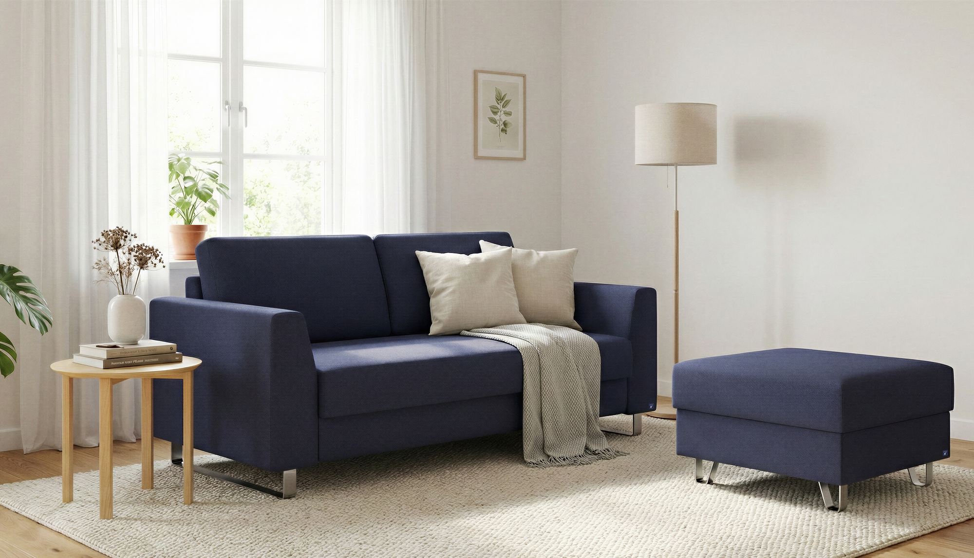 Schlafsofa von Bruno – in Blau, Klassik-Armlehnen, Metallfüße