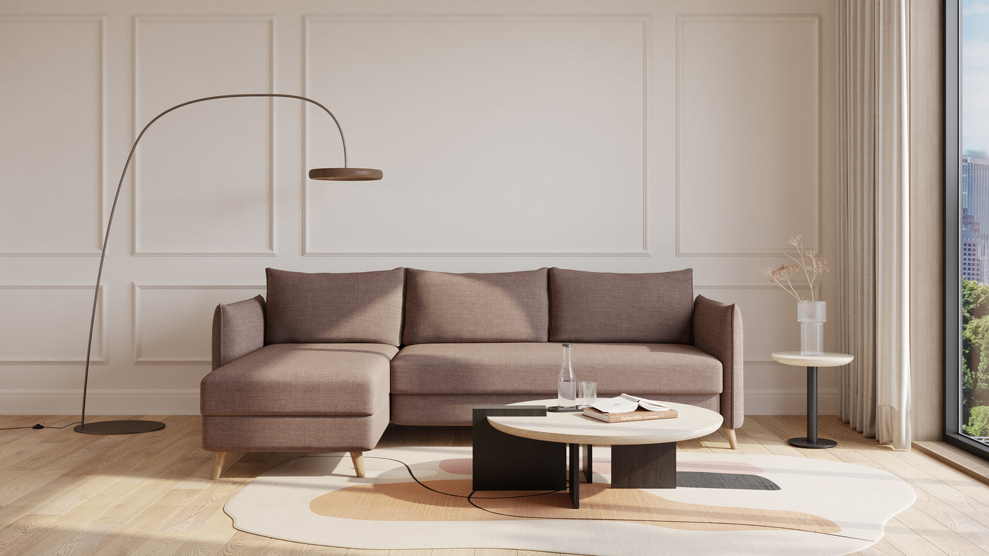 Schlafsofa von Bruno – 160 cm, in Braun, Pillow-Armlehnen, Recamiere kurz, linksseitig