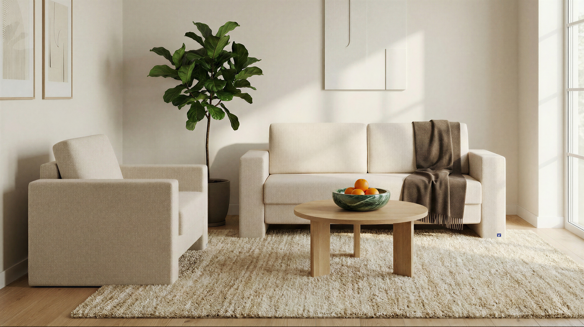 Schlafsofa von Bruno – in Glory Soft Beige, Kubus-Armlehnen