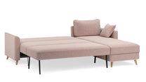 Schlafsofa von Bruno – 160 cm, in Glory Blush, Flow-Armlehnen, Recamiere lang, linksseitig, Ansicht im Winkel, ausgeklappt