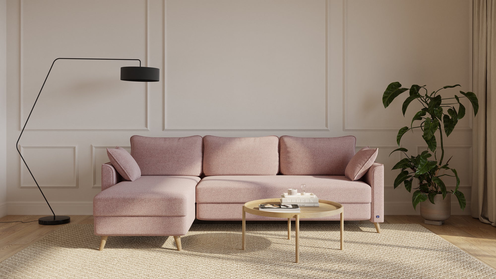 Schlafsofa von Bruno – 160 cm, in Glory Blush, Flow-Armlehnen, Recamiere kurz, linksseitig, Ansicht im Winkel