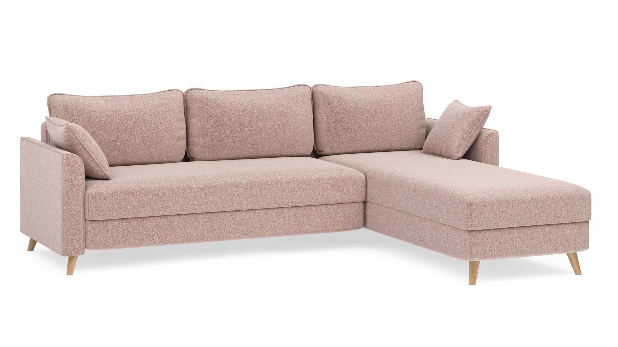 Schlafsofa von Bruno – 160 cm, in Glory Blush, Flow-Armlehnen, Recamiere lang, linksseitig, Ansicht im Winkel