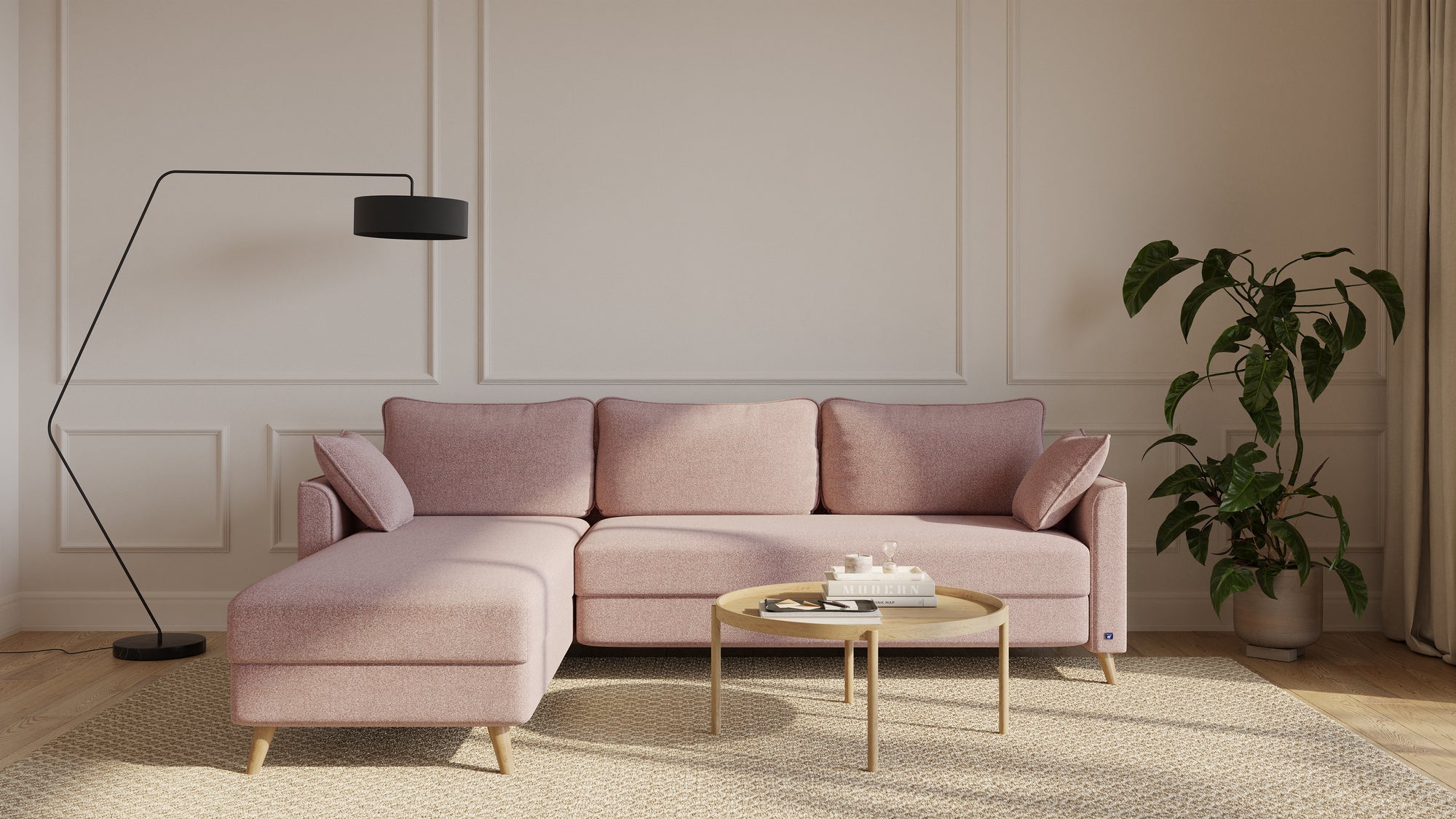 Schlafsofa von Bruno – 160 cm, in Glory Blush, Flow-Armlehnen, Recamiere lang, linksseitig, Ansicht im Winkel