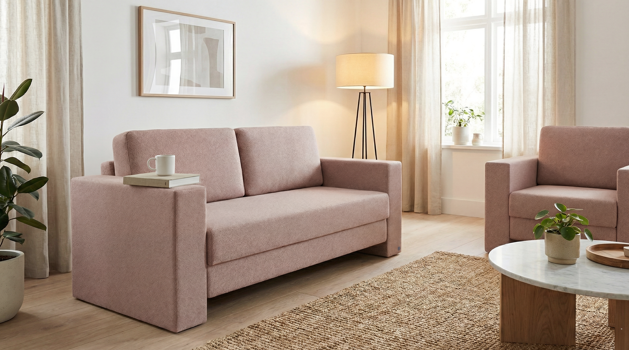 Schlafsofa von Bruno – in Glory Blush, Kubus-Armlehnen