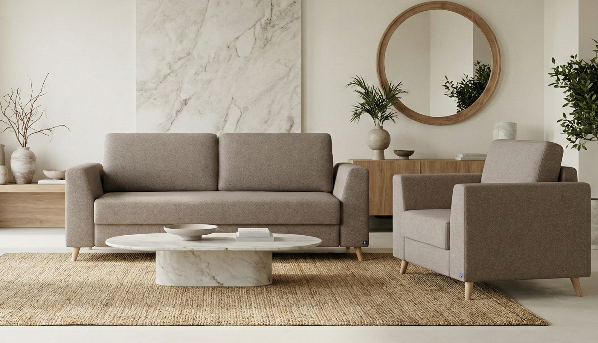 Schlafsofa von Bruno – 160 cm, in Glory Taupe, Klassik-Armlehnen, Holzfüße