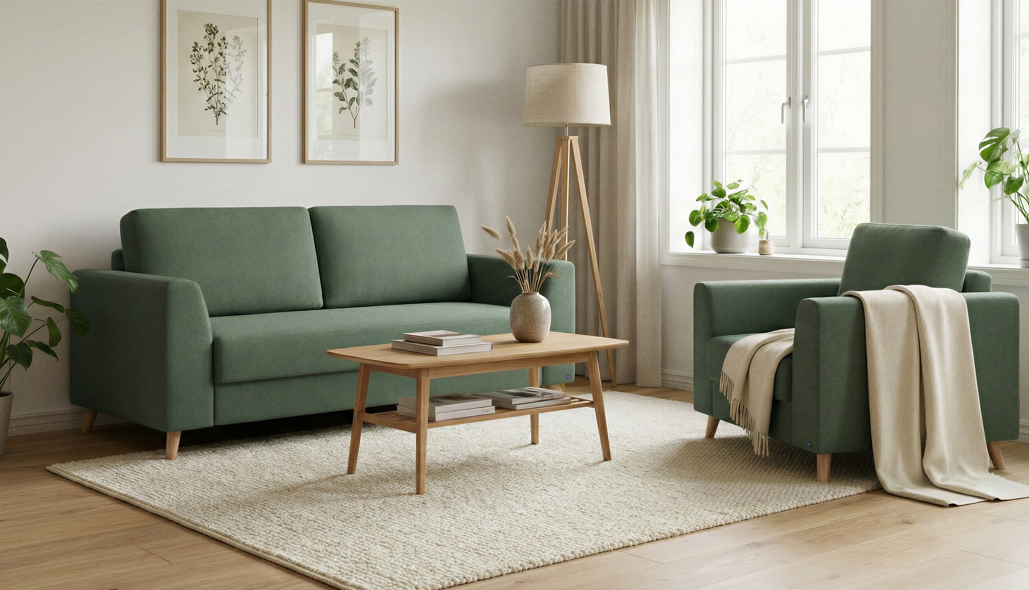 Schlafsofa von Bruno – in Grün, Klassik-Armlehnen, Holzfüße