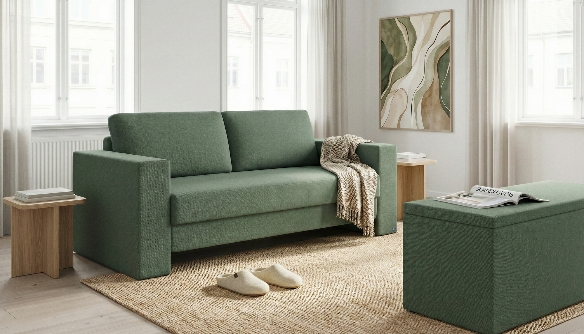 Schlafsofa von Bruno – in Grün, Kubus-Armlehnen